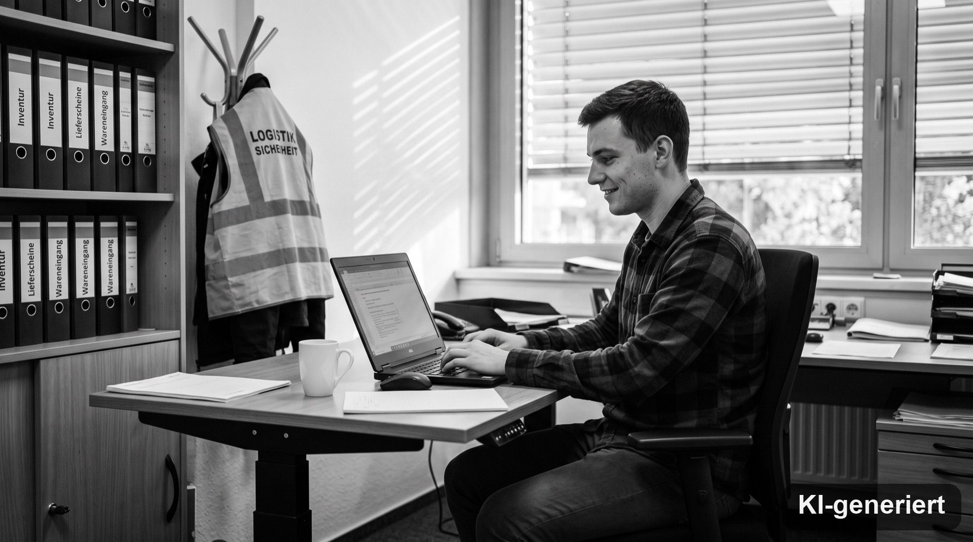 Junger Mitarbeiter arbeitet selbstständig am Laptop in einem Logistik-Büro