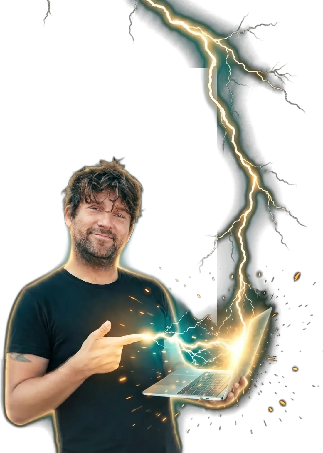 Niklaas Zander mit Laptop, aus dem KI-Energie schlägt
